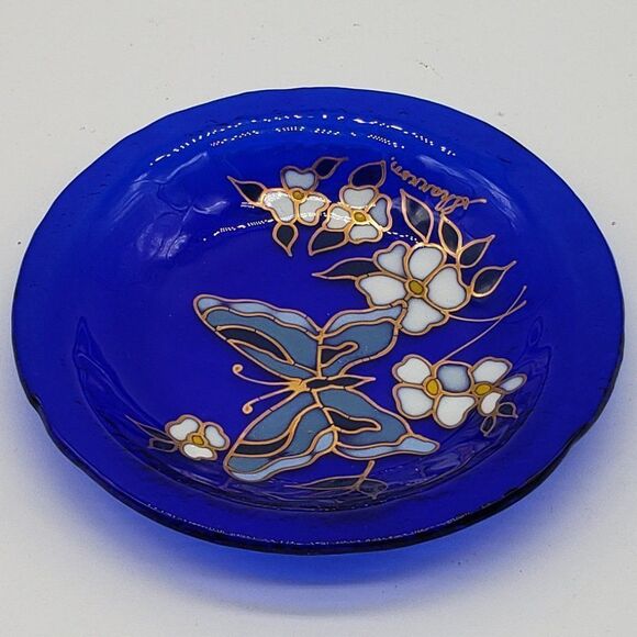 Signed Blue Cobalt Enameled Hand Painted Butterfly Floral Art Glass Trinket Dish - Picture 6 of 9